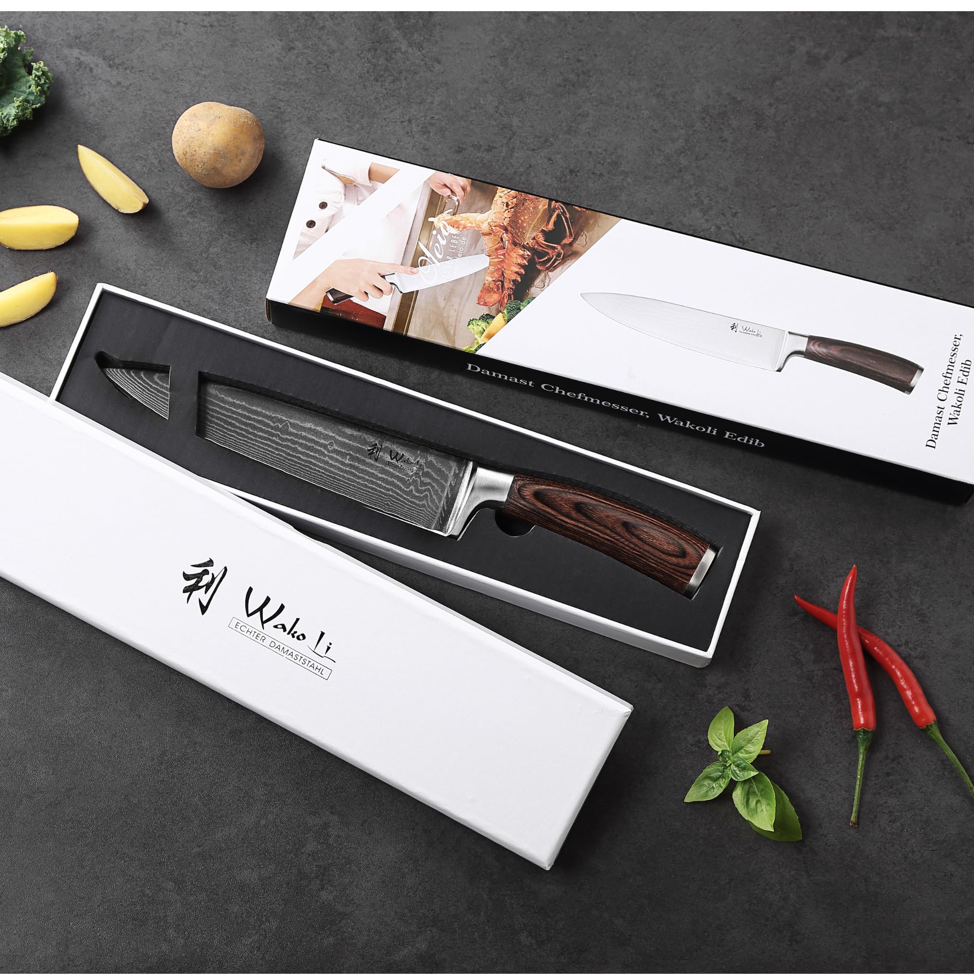 Wakoli 8-inch Damascus Chef Knife - 67-Layer VG10 Core Steel Blade with Ergonomic Pakkawood Handle - Professional Kitchen Knife for Slicing, Dicing & Chopping - Perfect Gift Box for Home Chefs & Cooking Enthusiasts