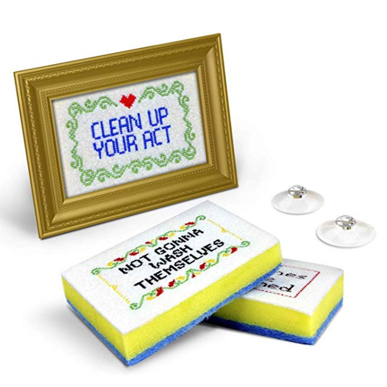 Genuine Fred Subversive Sponges - R Version | Embroidered Kitchen Sponges with Frame | Funny Dishwashing Sponges for Home & Office Use