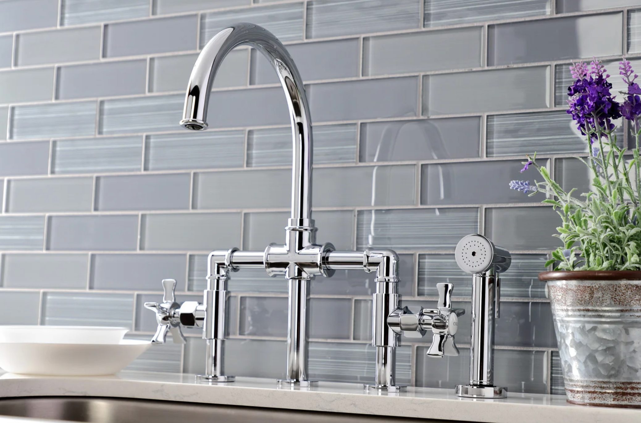 Industrial Style Bridge Kitchen Faucet with Brass Sprayer - Vintage Brass Pull Down Sprayer Faucet for Farmhouse & Modern Kitchens | Perfect for Cooking, Washing Dishes & Food Prep