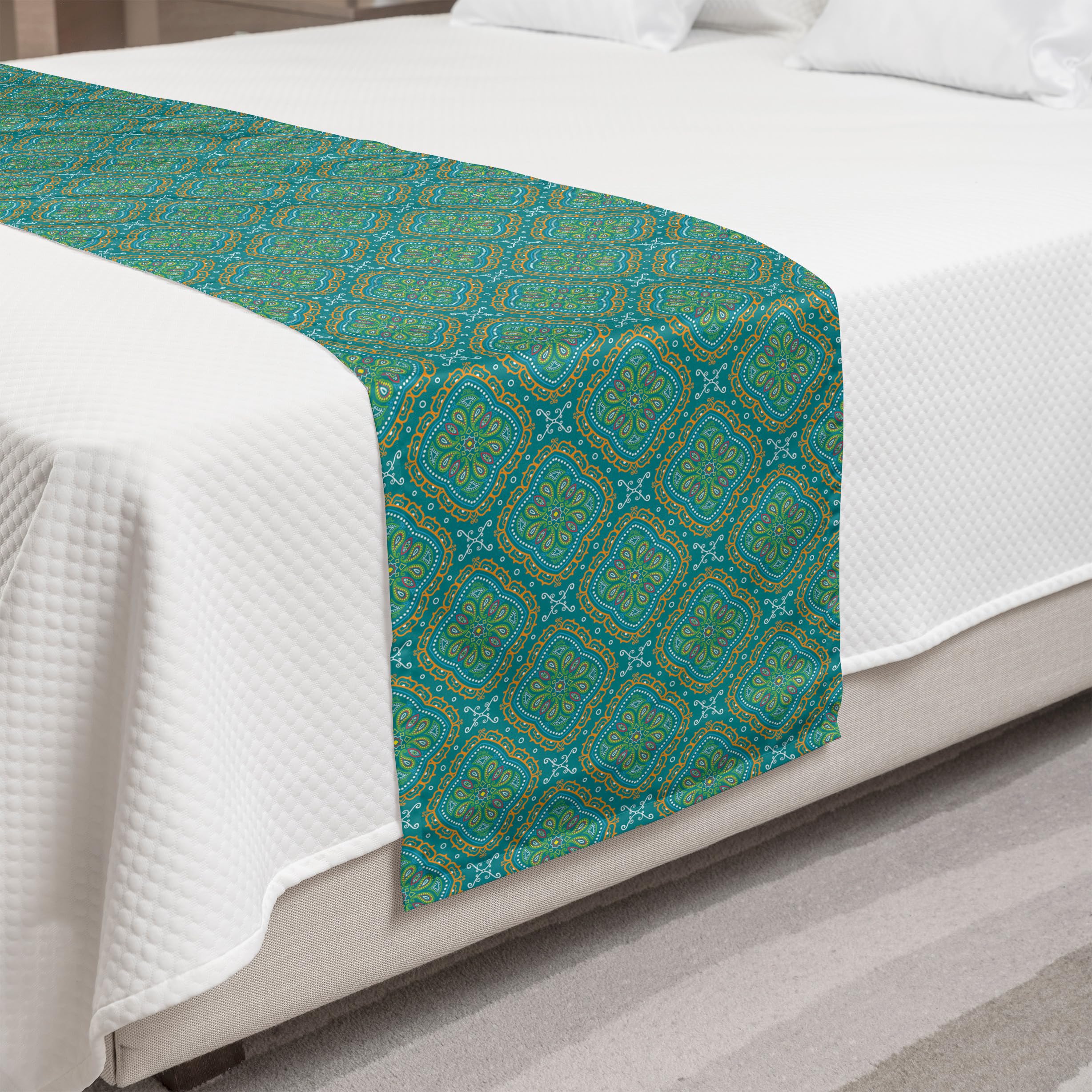 Ambesonne Oriental Bed Runner - Traditional Mandala & Paisley Motifs Decorative Bed Scarf for King Size Beds | Teal & Multicolor Accent Piece for Hotels, Homes & Guest Rooms | Perfect for Boho Chic Decor, Wedding Bedding & Spiritual Retreats