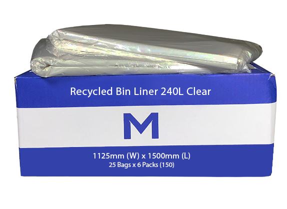 240L Clear Recycled Trash Bags x 150 Pack (44