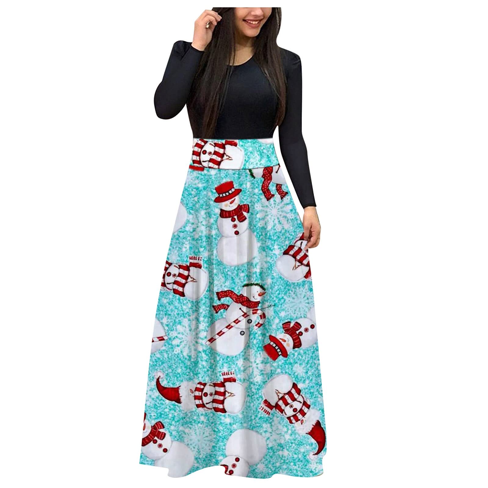 Women's Long Sleeve Maxi Dress - Casual Crewneck Printed Empire Waist Pleated Flowy Dress for Women | Perfect for Beach Vacations, Date Nights & Summer Outings