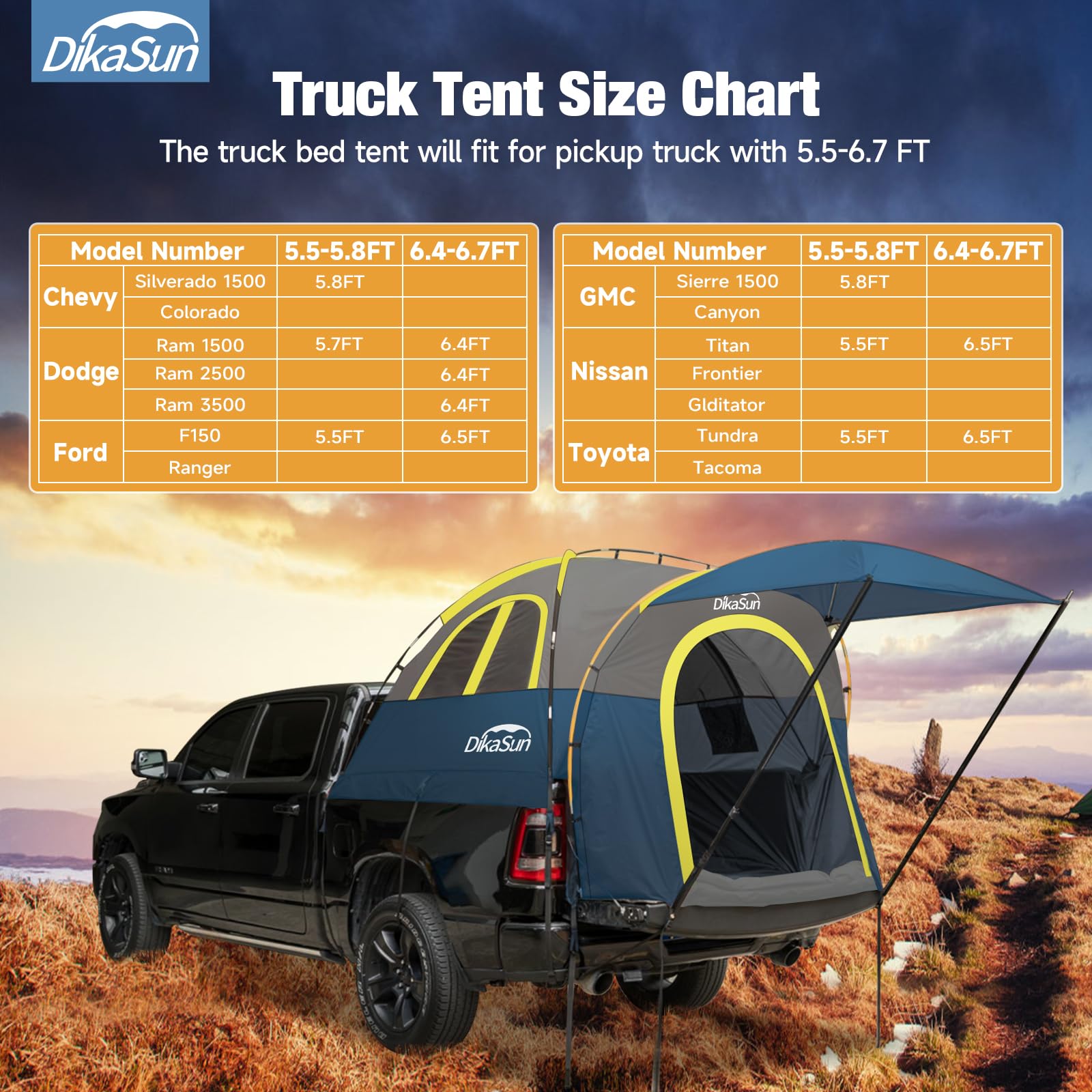 5.5-8ft Truck Bed Tent with Awning - Waterproof Double Layer PU3000 Camping Tent for 2 Person - 3 Season Outdoor Shelter for Pickup Trucks - Perfect for Camping, Road Trips & Outdoor Adventures