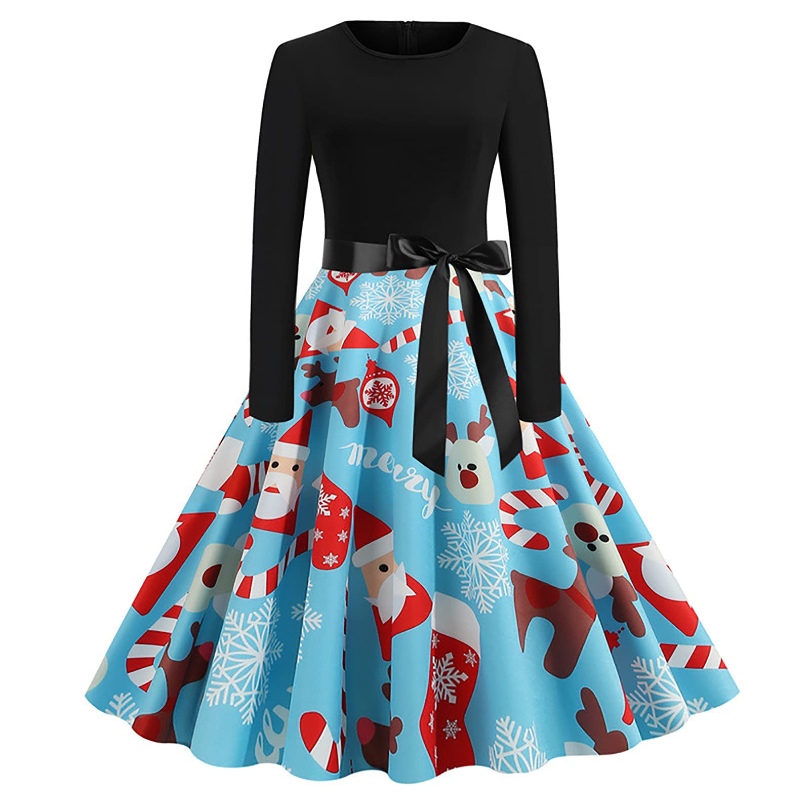 Vintage Christmas Party Dress Long Sleeve Floral Print Patchwork Cocktail Prom Dress with Crewneck & Zipper - Perfect for Holiday Gatherings, Christmas Dinners, and Festive Celebrations