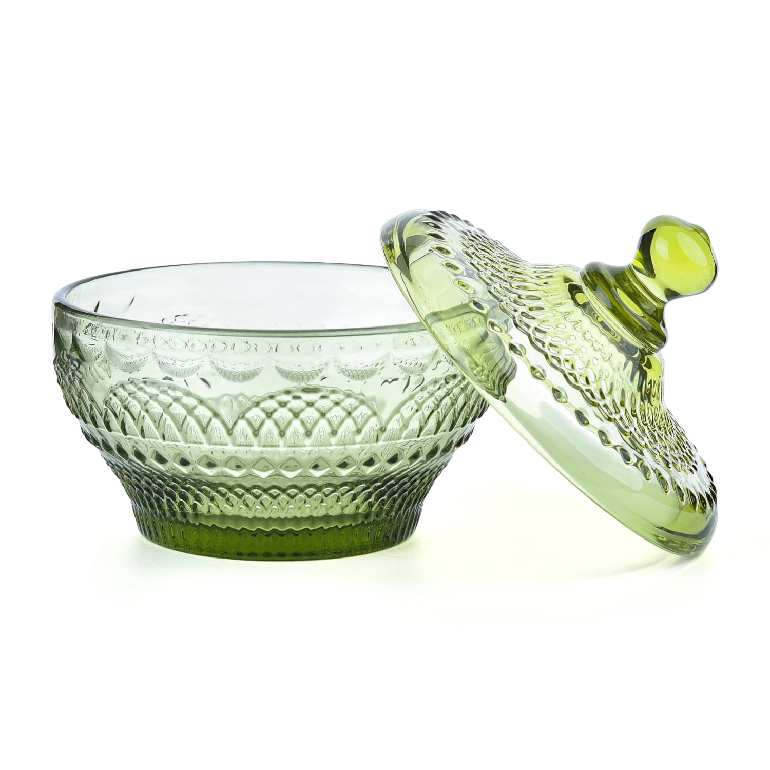 Vintage Embossed Glass Candy Storage Jars with Lid - Decorative Colorful Crystal Candy Dishes, Green Cookie Container - Covered Bowls for Chocolate, Dessert, Ice Cream Buffet - Perfect for Party Serving, Kitchen Storage & Home Decor