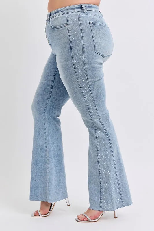 Judy Blue Women's Mid Rise Rhinestone Side Panel Flare Jeans - Stylish Stretch Denim Pants for Casual Wear & Night Out
