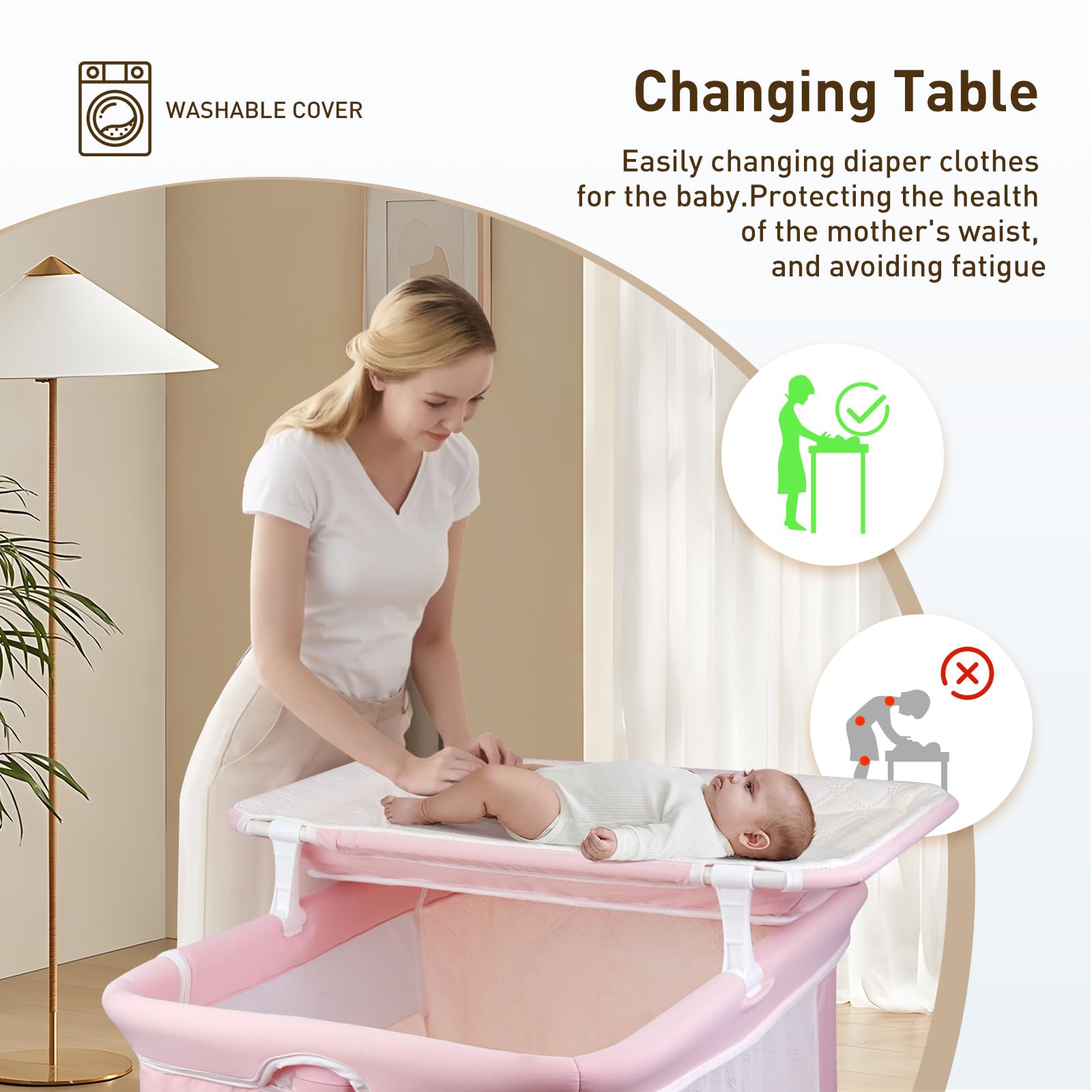 Uuoeebb 4-in-1 Portable Baby Bassinet Bedside Sleeper with Wheels, Foldable Travel Crib with Changing Station & Storage | Includes Mattress for Newborns 0-6 Months (Pink) | Perfect for Nursery, Bedroom Co-Sleeping & Travel
