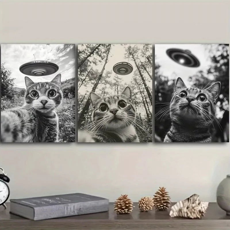 3-Piece UFO Cat Selfie Wall Art Set - Framed Canvas Prints 50x70cm | High-Quality Australian Made | Perfect for Living Room, Bedroom & Office Decor