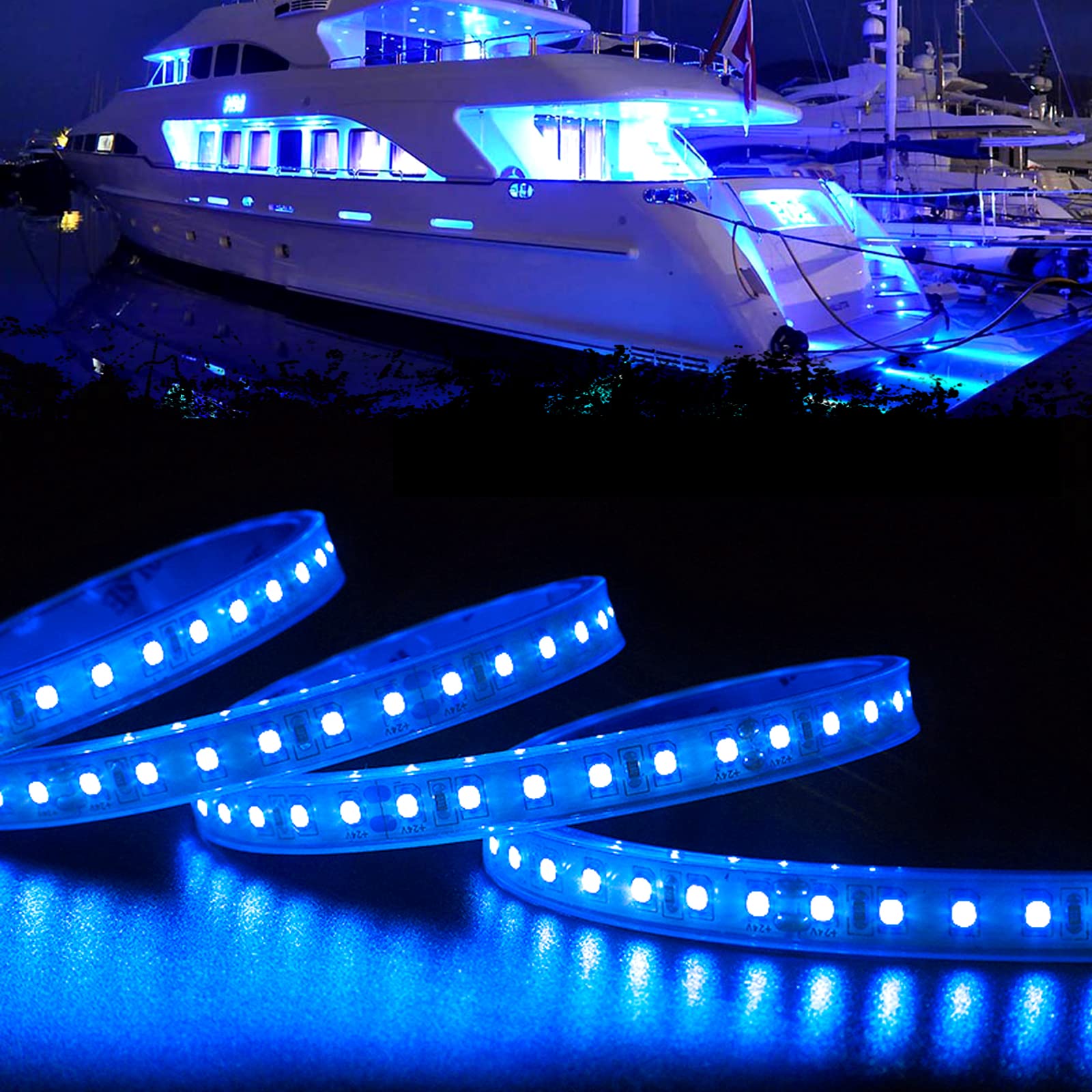 PSEQT 16.4FT/5m Waterproof Blue LED Boat Light Strip - 12V Marine Lighting for Pontoon, Fishing, Duck & Bass Boats, Kayaks, Sailboats - Interior, Deck & Courtesy Accent Lighting | Perfect for Night Fishing & Watercraft Decoration