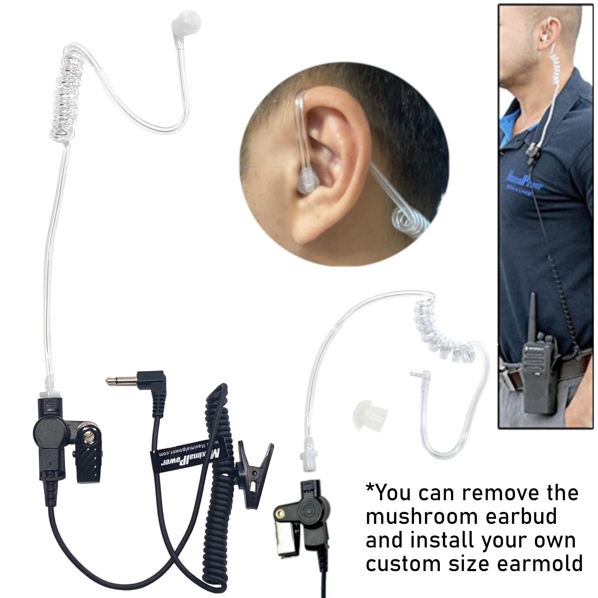 MaximalPower RHF 617-1N Surveillance Headset - Clear Acoustic 3.5mm Earpiece with Coil Tube for Two-Way Radios, Transceivers & Speaker Mics | Secure Communication for Security Guards, Event Staff & Discreet Monitoring (Black)