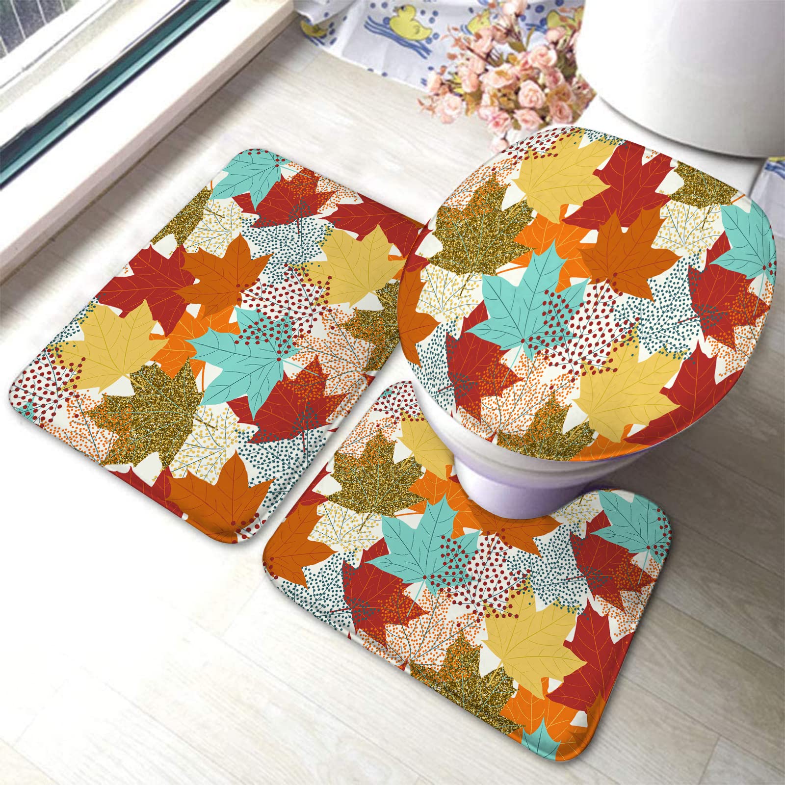 3-Piece Non-Slip Bathroom Rug Set - Maple Leaves Fall Thanksgiving Autumn Bath Mats with Toilet Contour Mat & Lid Cover - Perfect for Bathroom Decor, Guest Rooms, and Holiday Home Styling