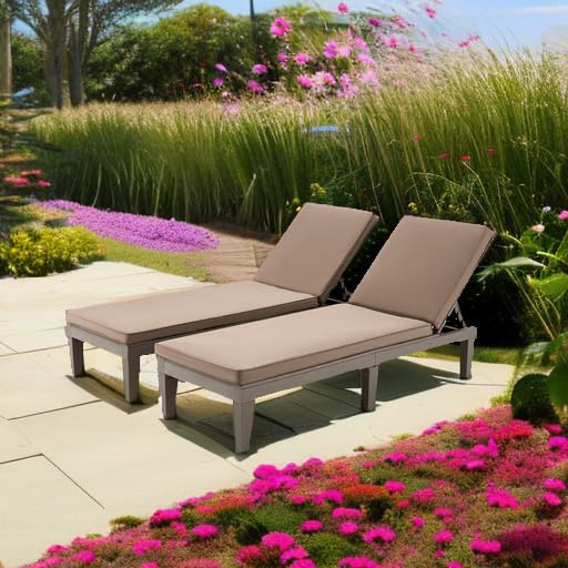 MELLCOM Outdoor Chaise Lounge Chairs Set of 2 - All-Weather Patio Loungers with 5-Position Adjustable Backrest, Removable Cushions & Wood Texture Design - Reclining Beach Chairs for Poolside, Garden, Backyard & Patio Relaxation