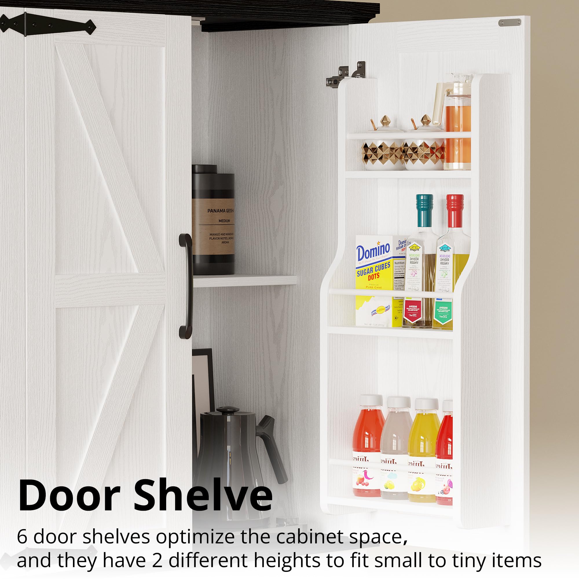 IRONCK Farmhouse Kitchen Pantry Cabinet - 6 Adjustable Shelves, Freestanding Storage Cupboard with Barn Doors for Kitchen & Dining Room (White/Black) | Perfect for Organizing Spices, Cookware & Dining Essentials