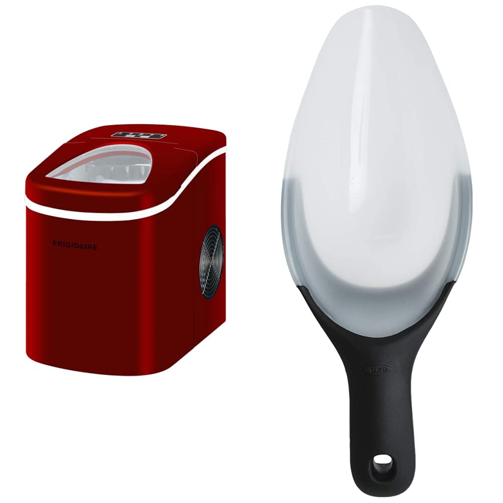 Frigidaire EFIC108-RED Compact Countertop Ice Maker in Red - Fast Ice Production for Home, Office & Parties | OXO Good Grips Flexible Ice Scoop for Easy Serving - Perfect for Cocktails, Beverages & Outdoor Events