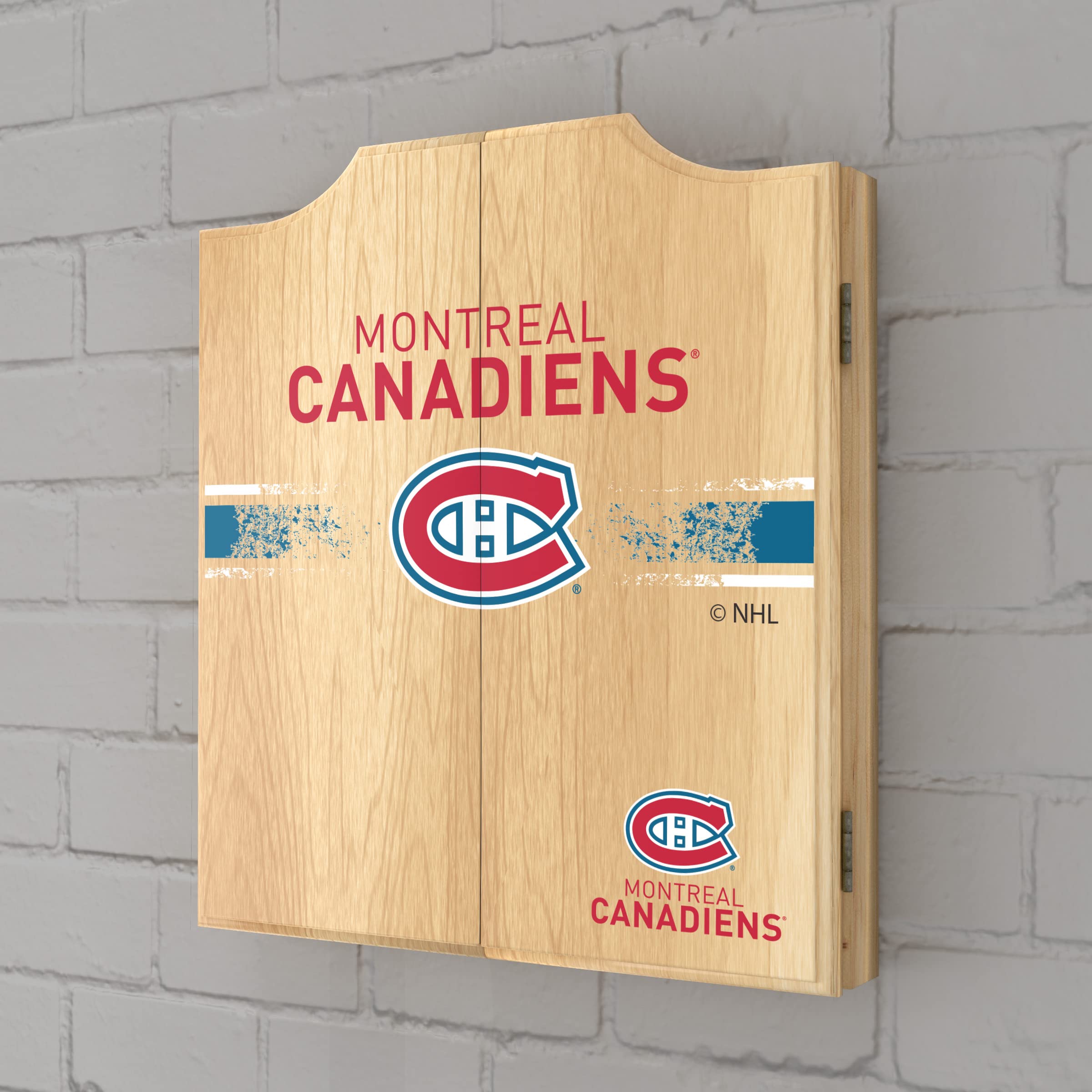 Trademark Global Montreal Canadiens Logo Dartboard Cabinet Set with 6 Steel Tip Darts, Scoreboard & Wooden Hanging Cabinet - Perfect for Game Rooms, Bars, and Man Caves