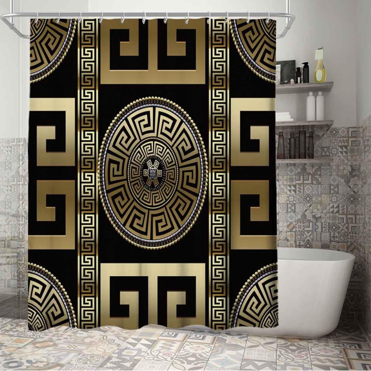Geometric Black & Gold Greek Key Meander Tarot Shower Curtain - Black and White Moon Design for Bathroom Decor | Perfect for Modern, Boho & Gothic Style Homes