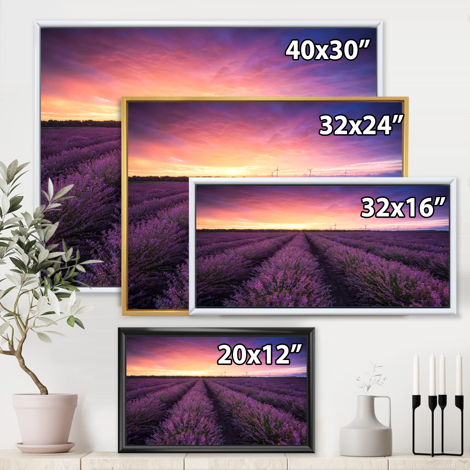 Sunrise & Dramatic Clouds Over Lavender Field XIII - Farmhouse Framed Canvas Wall Art Print - Perfect for Living Room, Bedroom & Office Decor