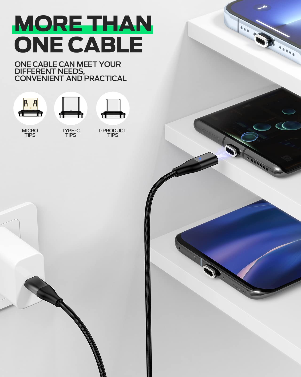 YKZ 3-in-1 Magnetic USB C to C Cable - 60W PD Fast Charging, Nylon Braided [3.3FT+6.0FT] - Compatible with Samsung Galaxy, iPhone 15, MacBook, iPad Pro & More Android Devices (Black) | Perfect for Home, Office & Travel Charging