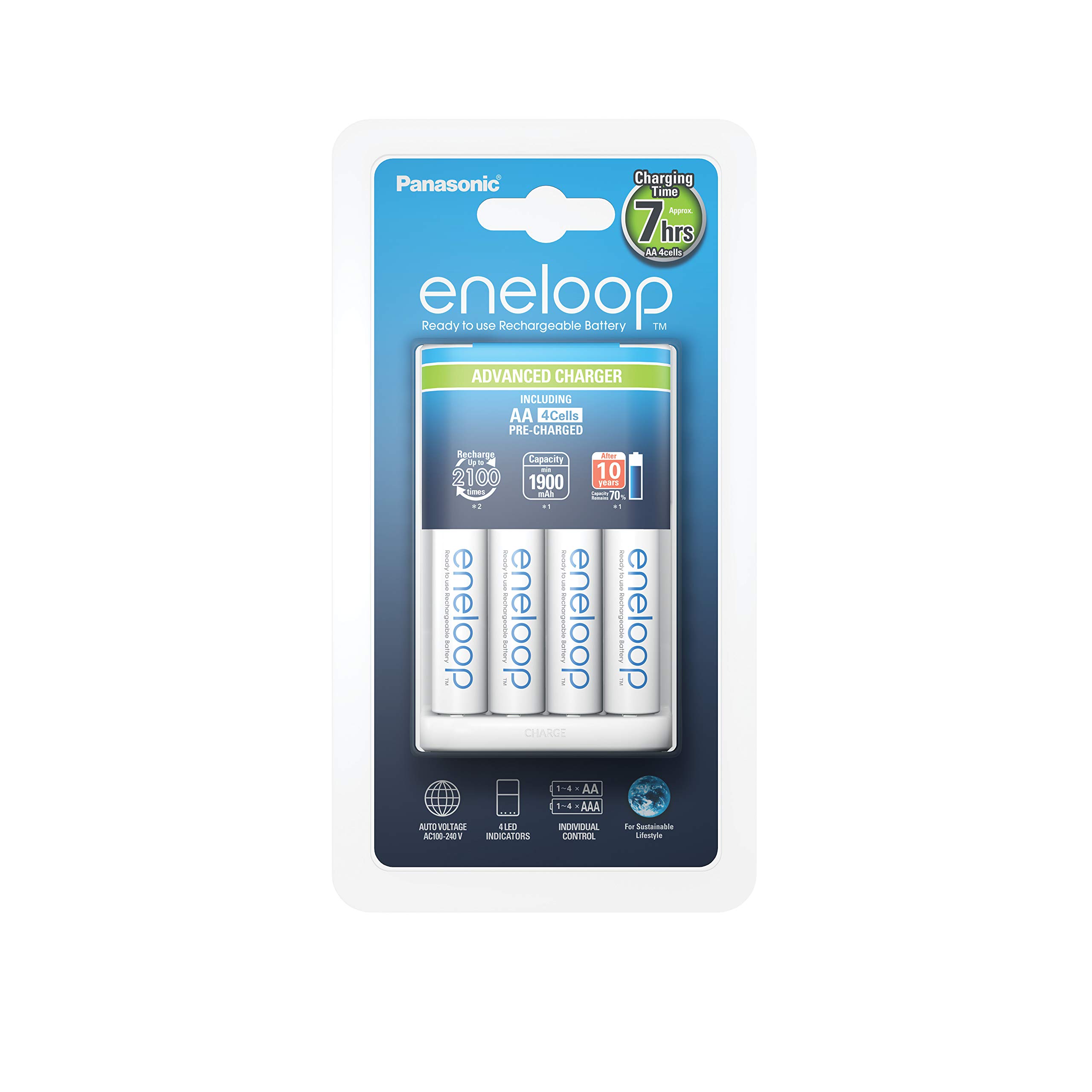 Panasonic eneloop Premium Smart Charger for 1-4 Ni-MH AA/AAA Rechargeable Batteries with LED Indicator & Location Monitoring - Includes 4 eneloop AA Batteries (1900mAh, 2100 Charge Cycles) - Perfect for Cameras, Toys, and Home Electronics
