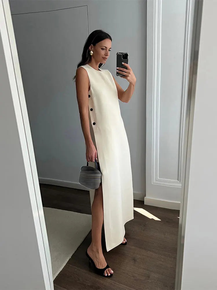 Elegant Sleeveless Button-Down Split Midi Dress for Women - Summer Casual Round Neck Loose Vestidos - High Street Fashion Beach Cover Up & Vacation Outfit