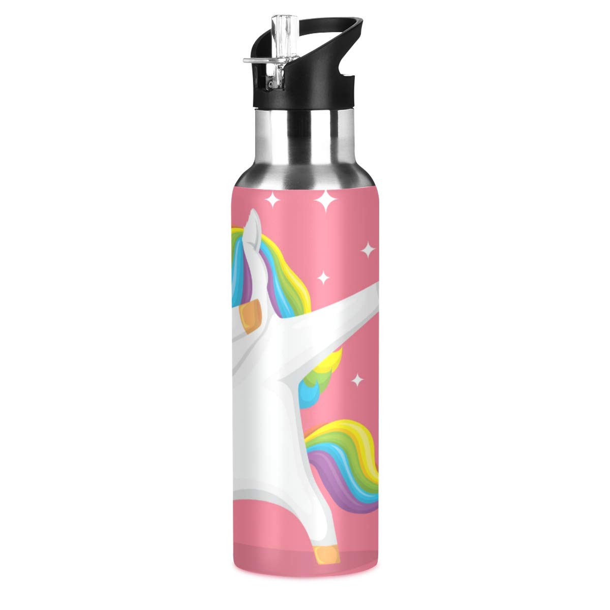 ALAZA Stainless Steel Vacuum Insulated Water Bottle with Straw - Unicorn Pink Design for Kids, School, Sports & Outdoor Activities