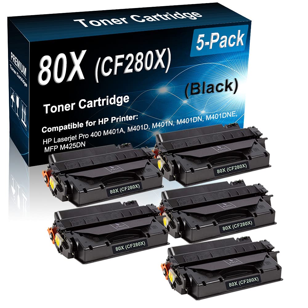 5-Pack High Yield Black CF280X Compatible Printer Cartridge for HP Pro 400 M401A/M401D/M401N/M401DN/M401DNE/MFP M425DN - 6,900 Pages - Ideal for Home Office & Small Business Printing