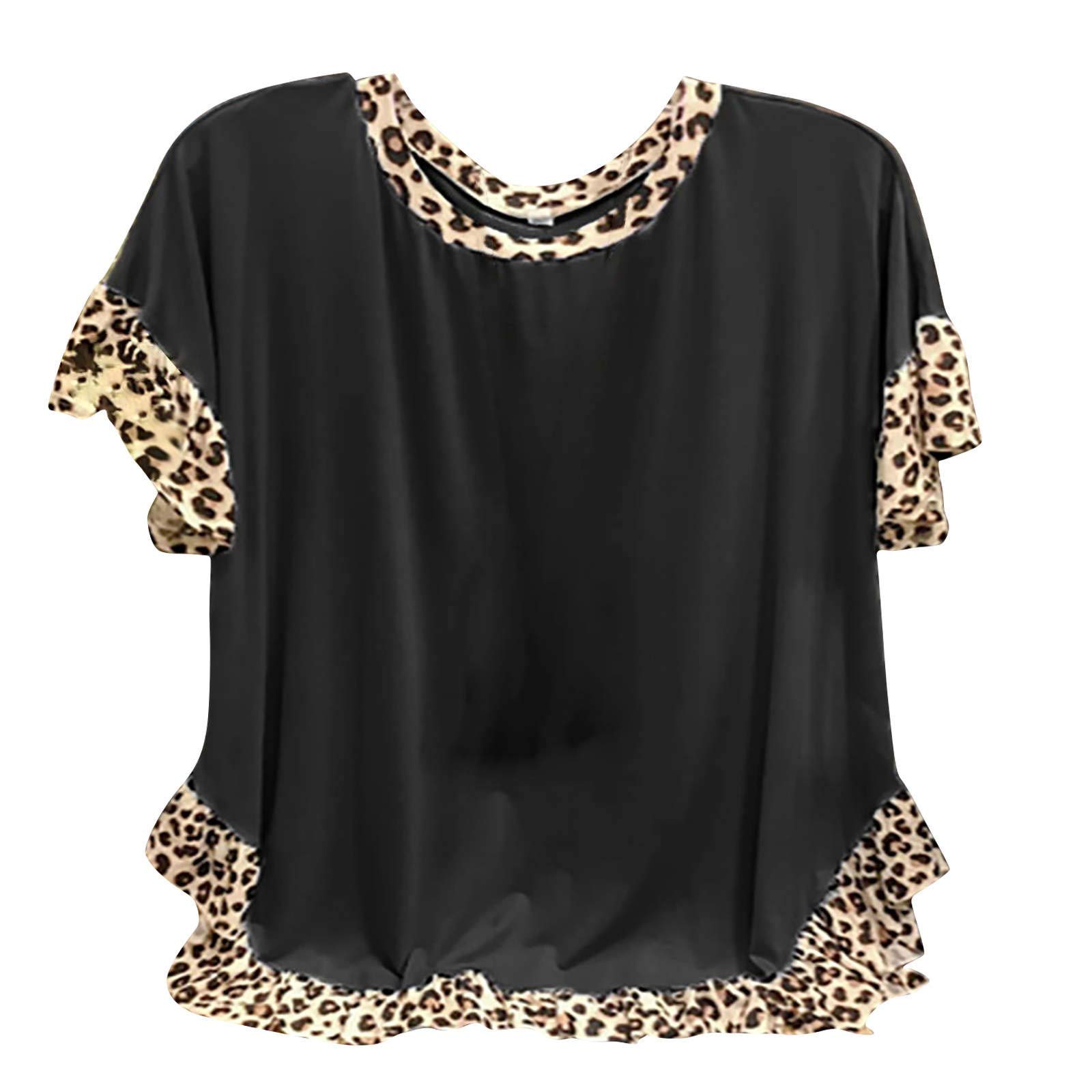 Women's Casual Leopard Print Round Neck Short Sleeve Pullover Top - Stylish Splicing Design for Everyday Wear, Work & Weekend Outfits