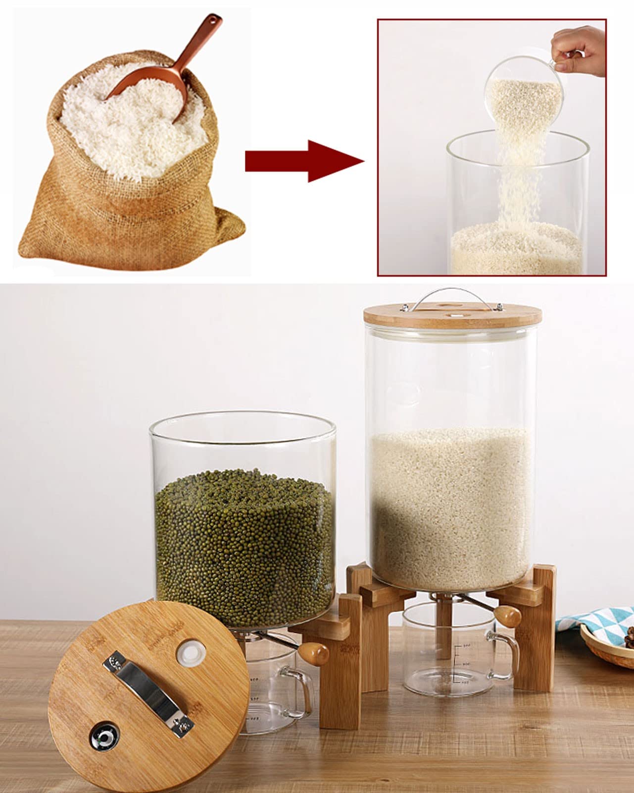 5L/8L Airtight Rice & Cereal Dispenser with Measuring Cup - Borosilicate Glass Countertop Storage Container for Kitchen, Dustproof & Moisture-Proof - Perfect for Pantry Organization & Bulk Food Storage