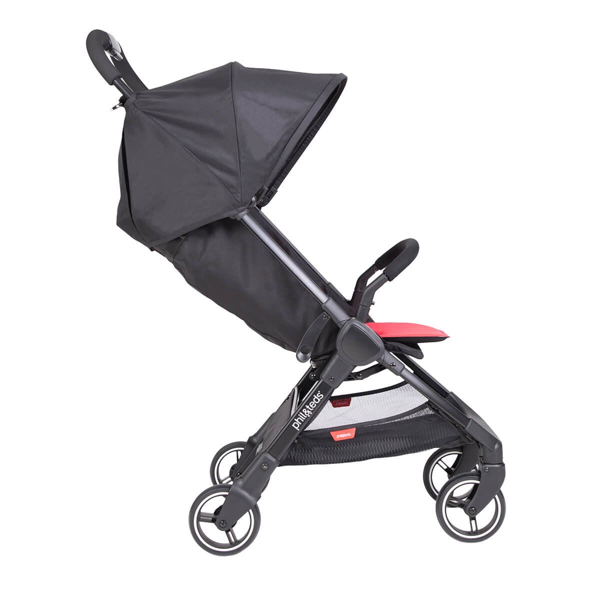 Phil & Teds Go Umbrella Travel Stroller - Ultra Lightweight (11lbs) Compact Cherry Red Stroller with One-Hand Fold, Removable Bumper Bar & Reversible Seat Liner - Travel System Ready Full Suspension - Perfect for Air Travel, City Walks & Daily Errands