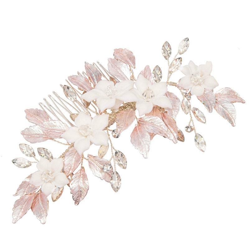 Hand Painted Blush Pink Leaves Silver Bridal Hair Comb 7453 - Perfect for Weddings, Prom, and Special Occasions