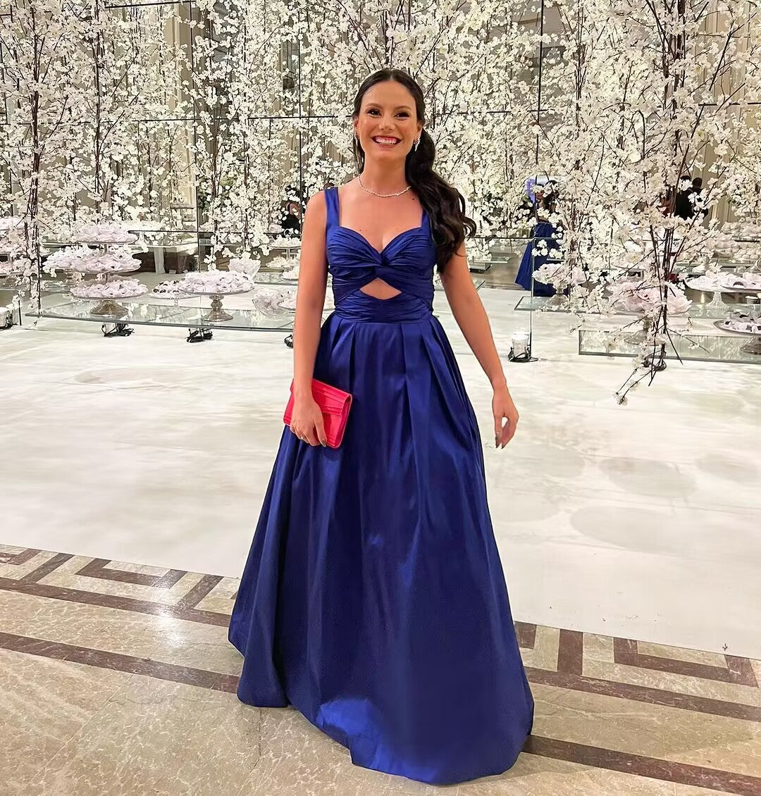 Elegant Navy Blue A-Line Satin Prom Dress with Long Train - Perfect for Homecoming, Formal Dances & Evening Events - Style J2917