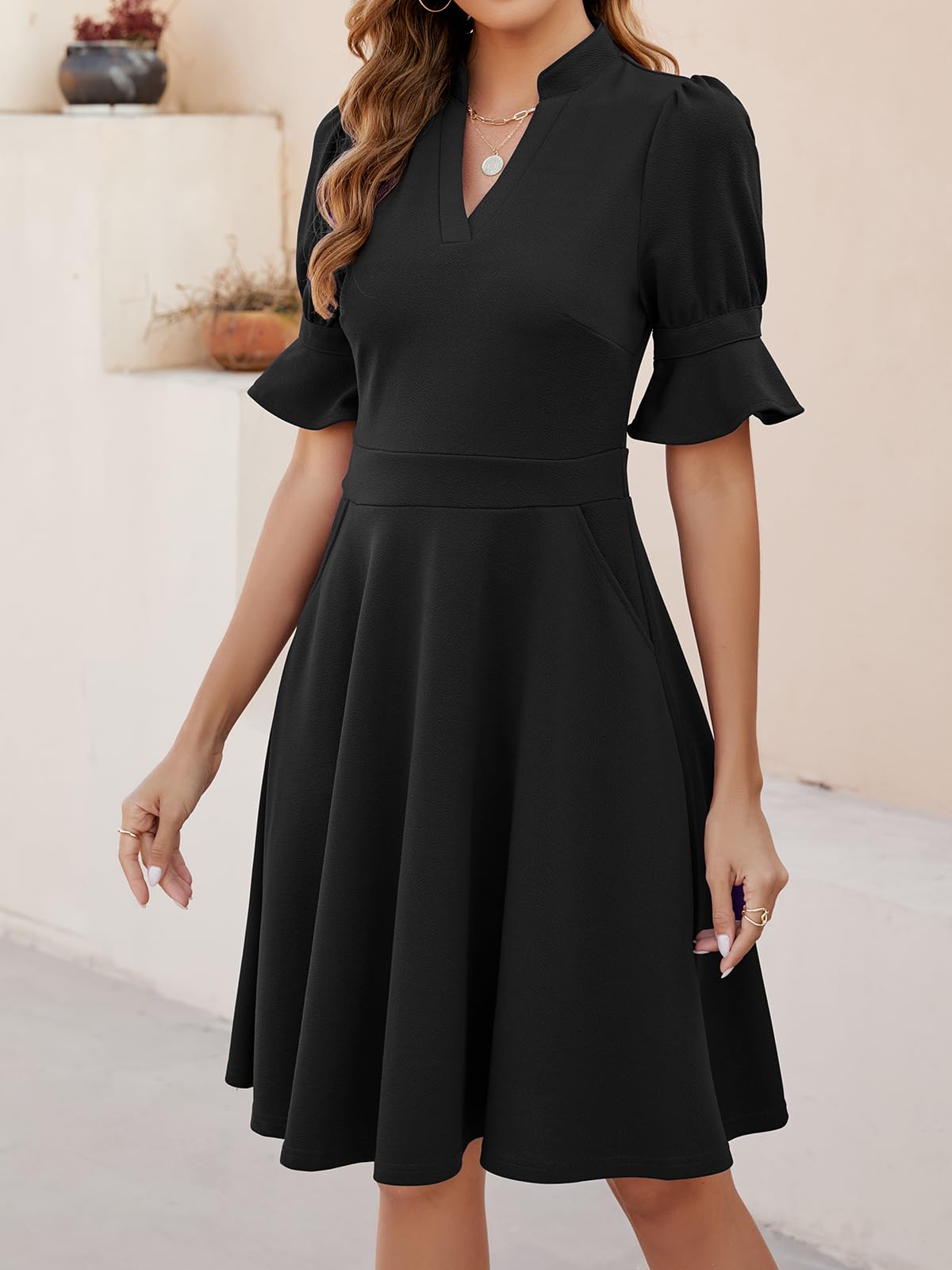 Mokayee Women's Summer V-Neck Ruffle Short Sleeve Fit and Flare Knee-Length Dress with Pockets - Perfect for Church, Wedding Guest, Party & Casual Occasions