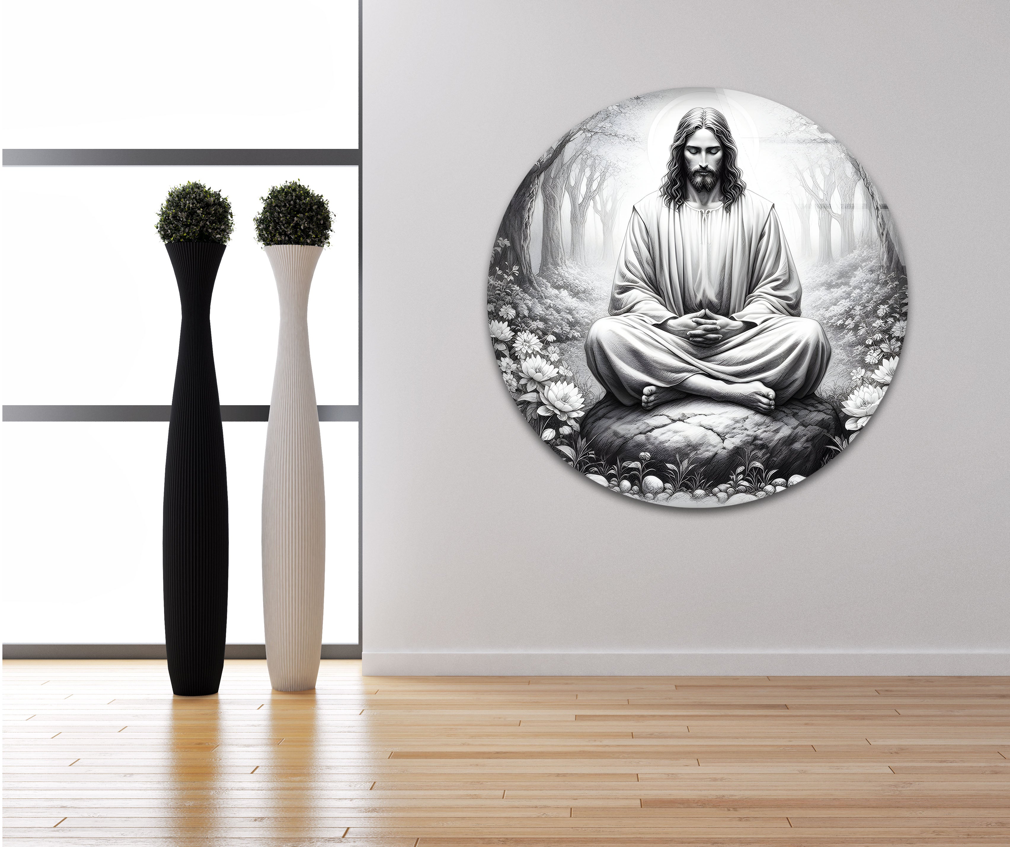 Black and White Jesus Glass Wall Art - Religious Home Decor for Living Room, Bedroom & Church