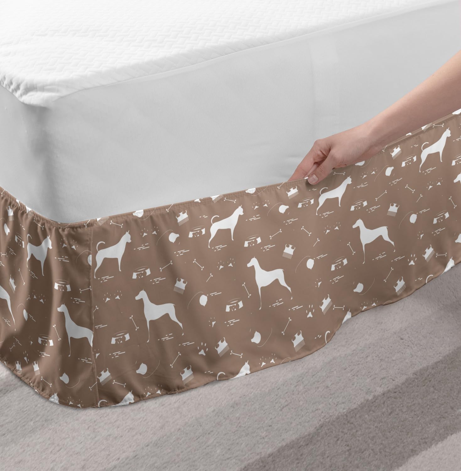 Lunarable Dog Bone Bed Skirt - Greyhound Silhouette Pet Theme with Collar Comb Dog Tracks - Elastic Wrap Around Dust Ruffle for King Size Beds - White Bedding Decor - Perfect for Pet Lovers' Home & Bedroom Styling