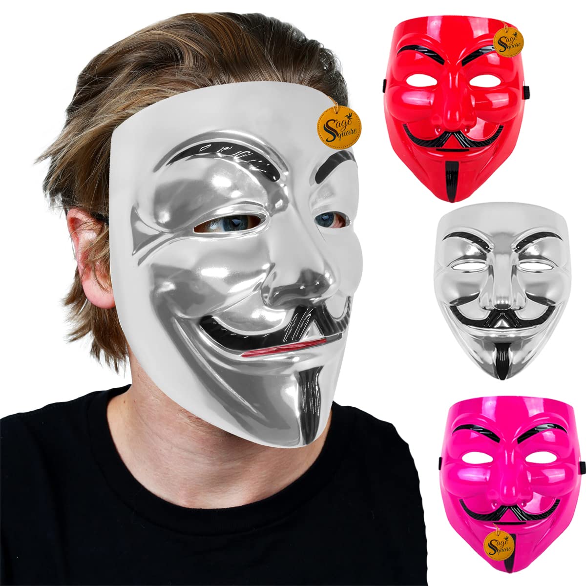 V for Vendetta Anonymous VIP Edition Face Mask - Sage Square Pink, Red & Silver Fawkes Mask Set of 3 | Perfect Fit Cosplay & Halloween Costume Accessory | Protest, Themed Parties & Movie Events