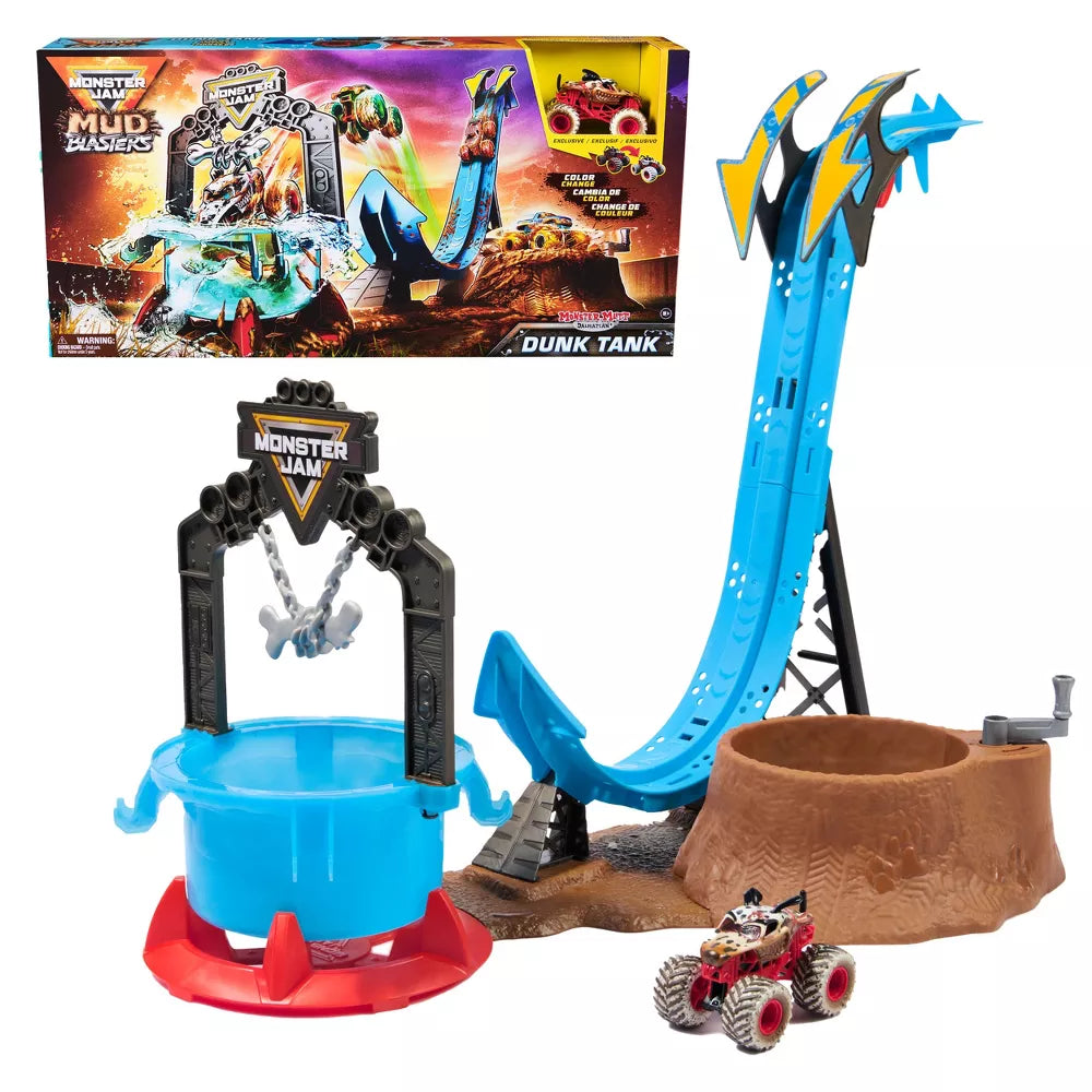 Monster Jam 1:64 Scale Mud Blasters Dunk Tank Playset with Monster Mutt Dalmatian Toy Truck - Diecast Monster Truck Toy for Kids, Collectors & Play Battles - Perfect for Birthday Gifts & Monster Truck Shows