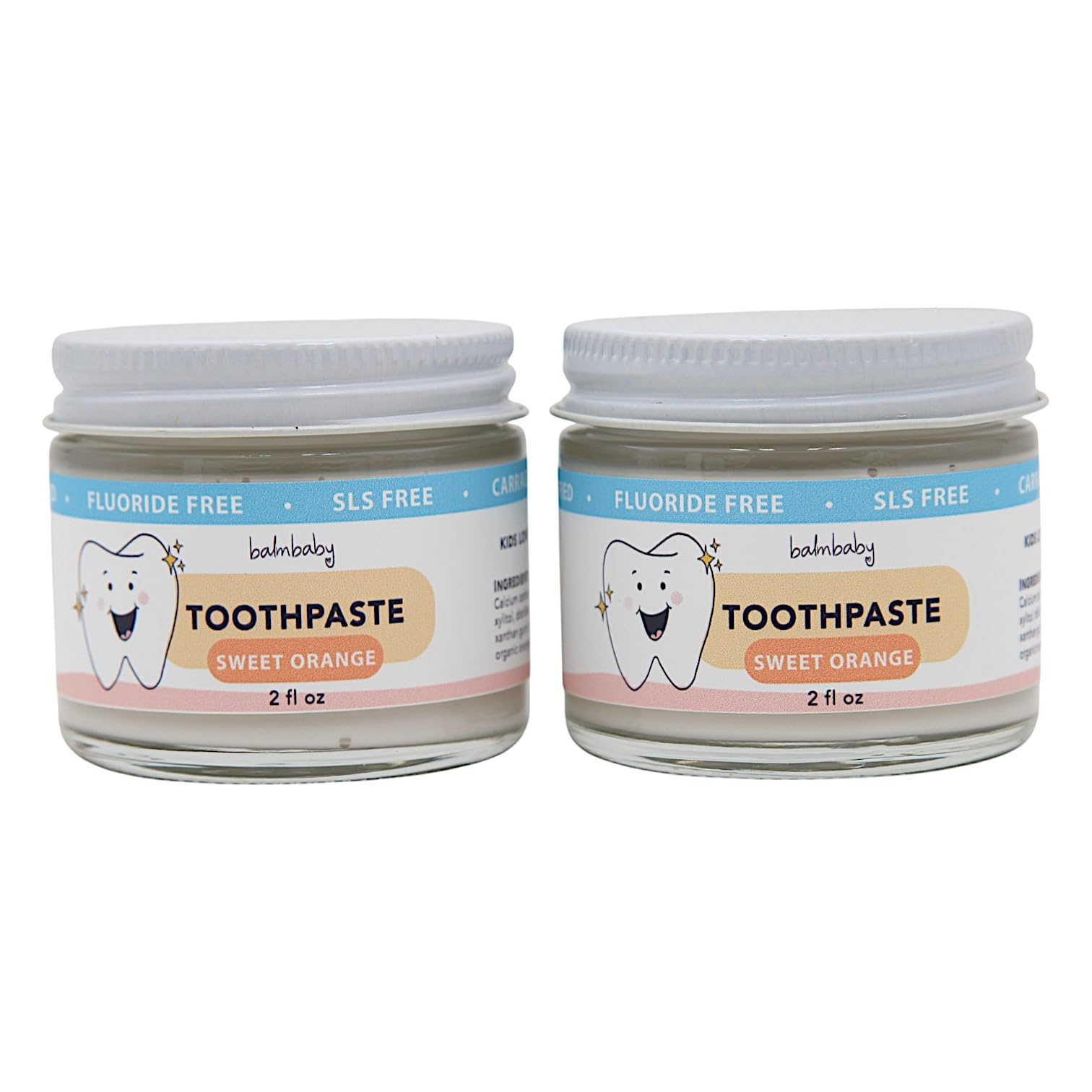 Balm Baby All Natural Fluoride Free Toothpaste for Kids – SLS Free, Xylitol Enriched, Vegan, Gluten Free & BPA Free Children's Toothpaste in Eco-Friendly Glass Jar (2-Pack, Orange) | Gentle Dental Care for Toddlers & Children | Perfect for Morning & Nighttime Brushing Routines