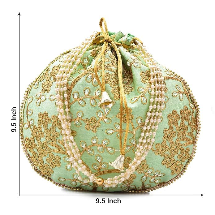Eco-Friendly Embroidered Silk Women's Potli Bags with Handles - Perfect for Haldi Ceremony, Indian Weddings, Traditional Festivals & Gift Giving