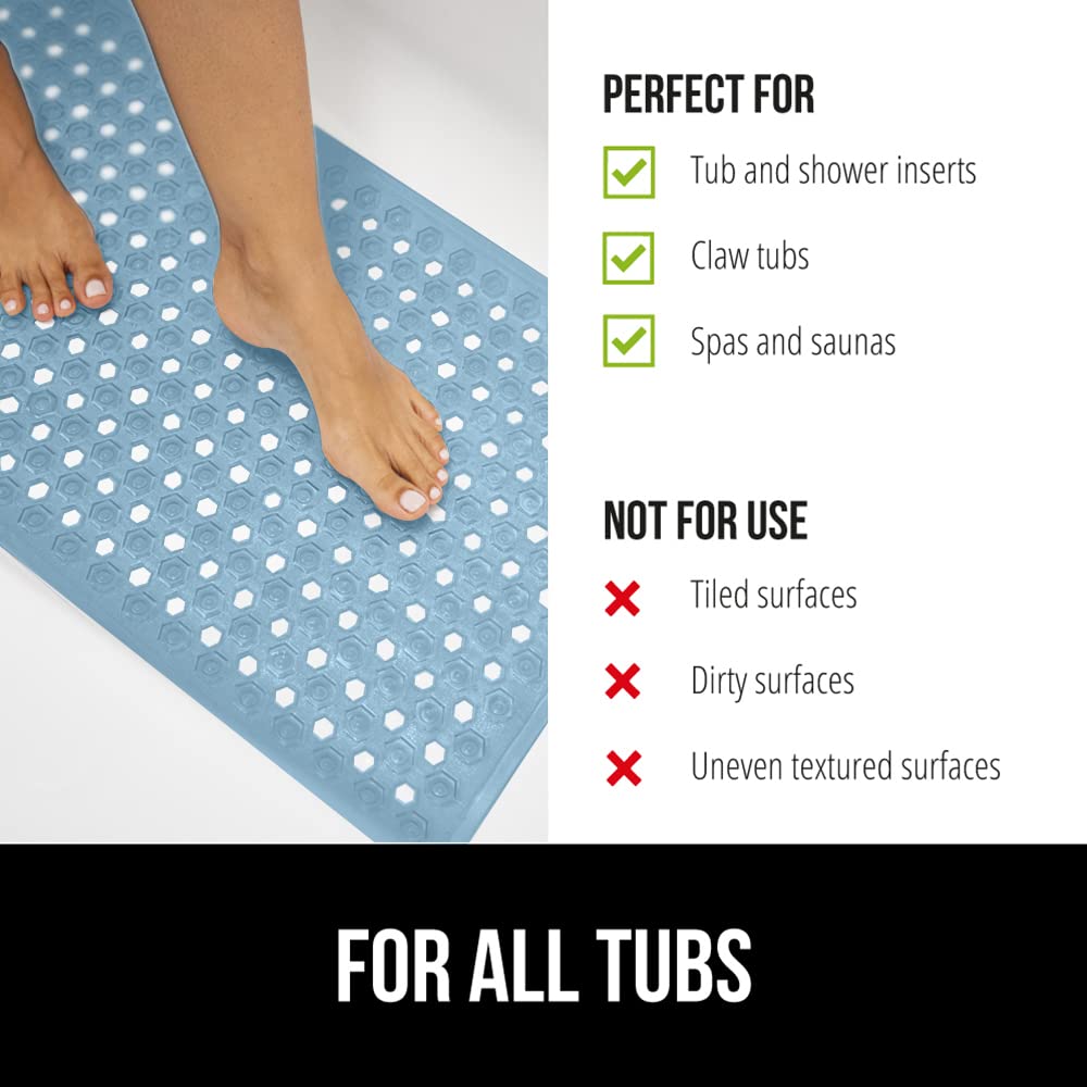 GORILLA GRIP Non-Slip Bathtub Shower Mat with Suction Cups | Machine Washable Bath Mat with Drain Holes | 35x16 Inch Sky Blue Opaque Tub Liner for Bathroom Safety | Perfect for Kids, Elderly & Wet Floors