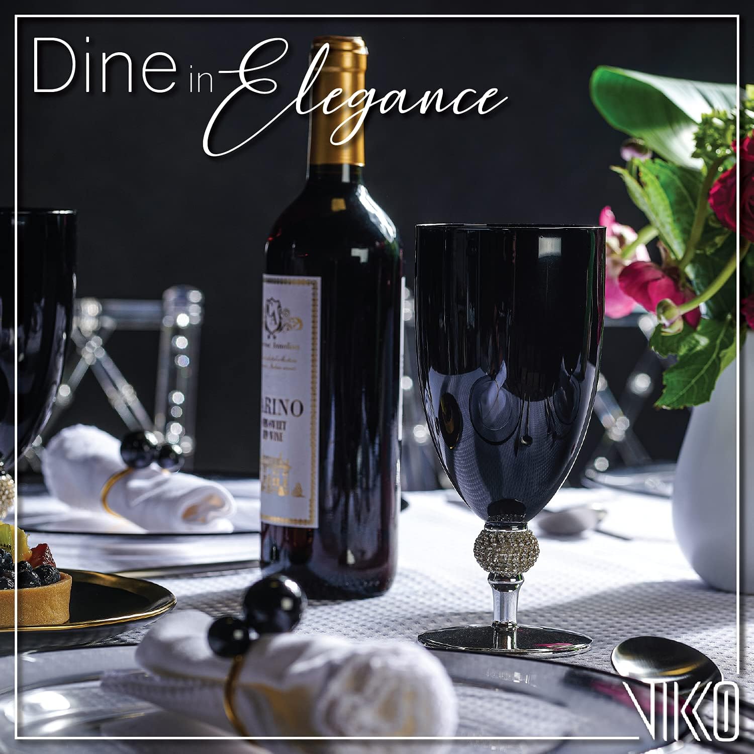 Vikko Décor Black and Silver Goblets Set of 12 - 18oz Large Elegant Wine Glasses with Diamante Accents - Thick Durable Dishwasher Safe Glass - 7.8” Tall x 3.5” Wide - Perfect for Weddings, Parties & Formal Dining