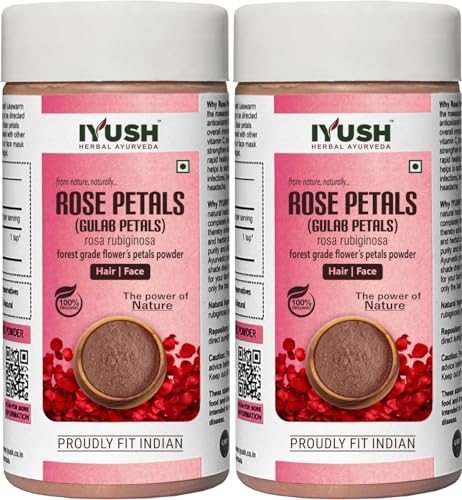 Organic Rose Petal Powder for Skin & Hair - IYUSH Herbal Ayurveda (2 Pack, 100g Each) | DIY Face Masks, Hair Treatments & Natural Beauty Recipes