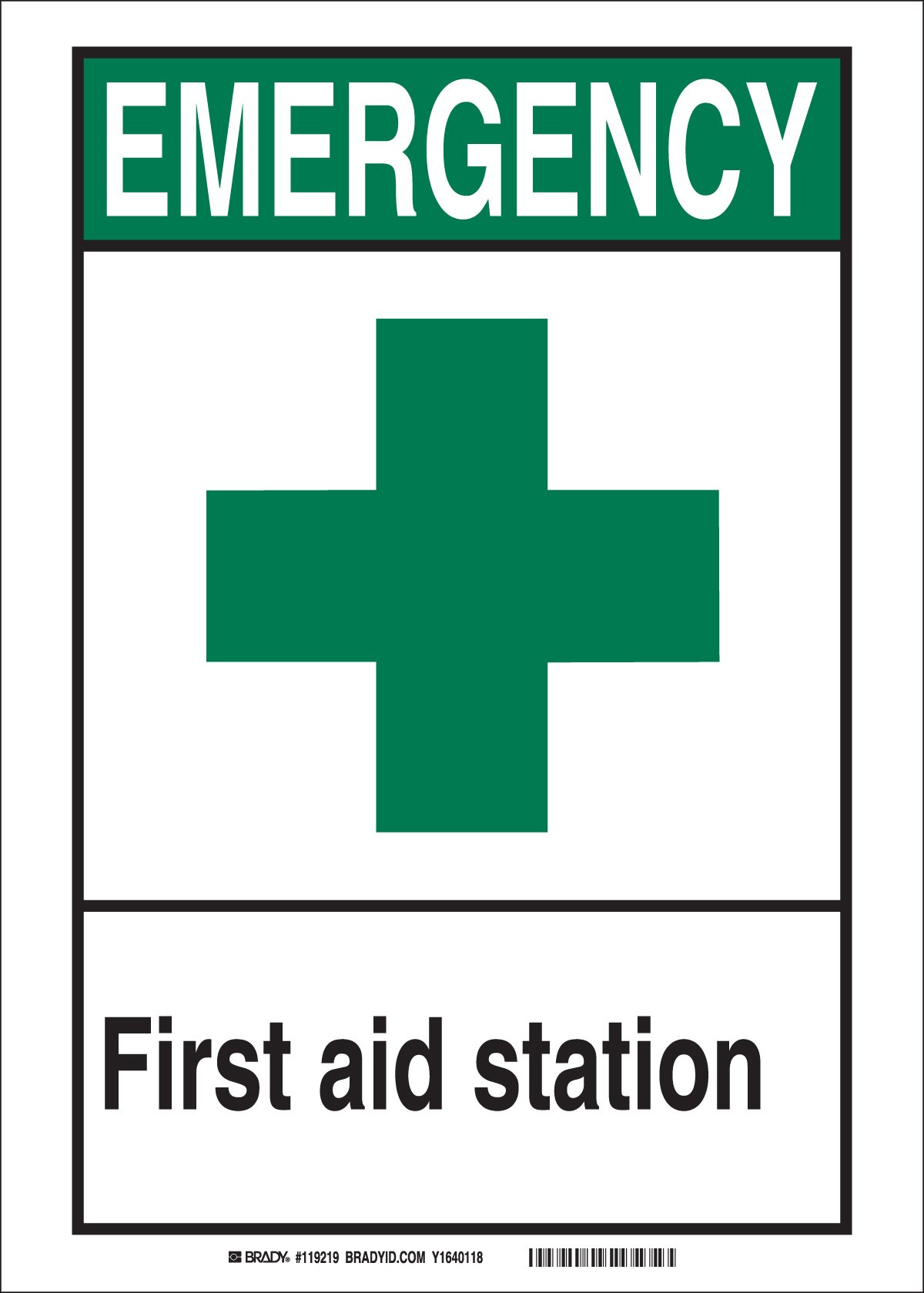 Brady 119220 Plastic Emergency First Aid Station Sign - OSHA Compliant Workplace Safety Sign for Offices & Facilities (Black/Green/White) - Ideal for Emergency Preparedness & First Aid Kits