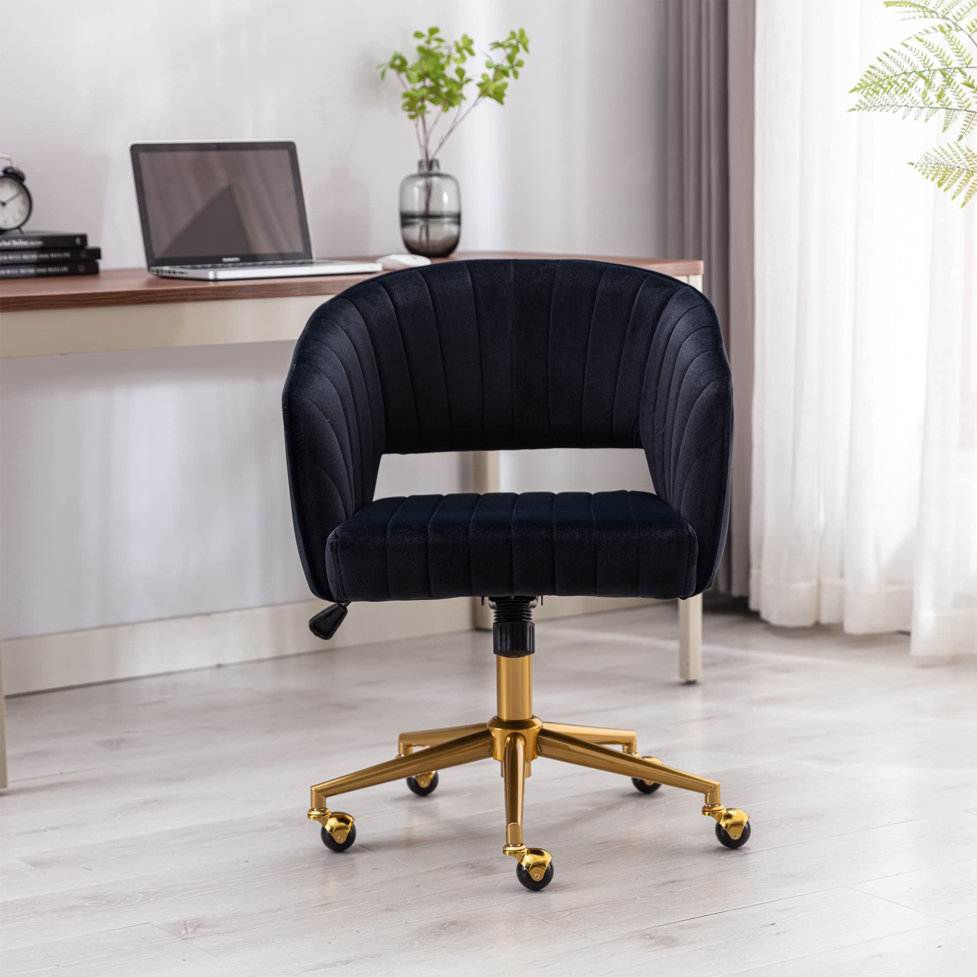 LUKYRA Velvet Adjustable Swivel Office Chair with Gold Base - Ergonomic Home Desk Chair for Workstation, Gaming & Study - Black Accent Armchair for Modern Workspace