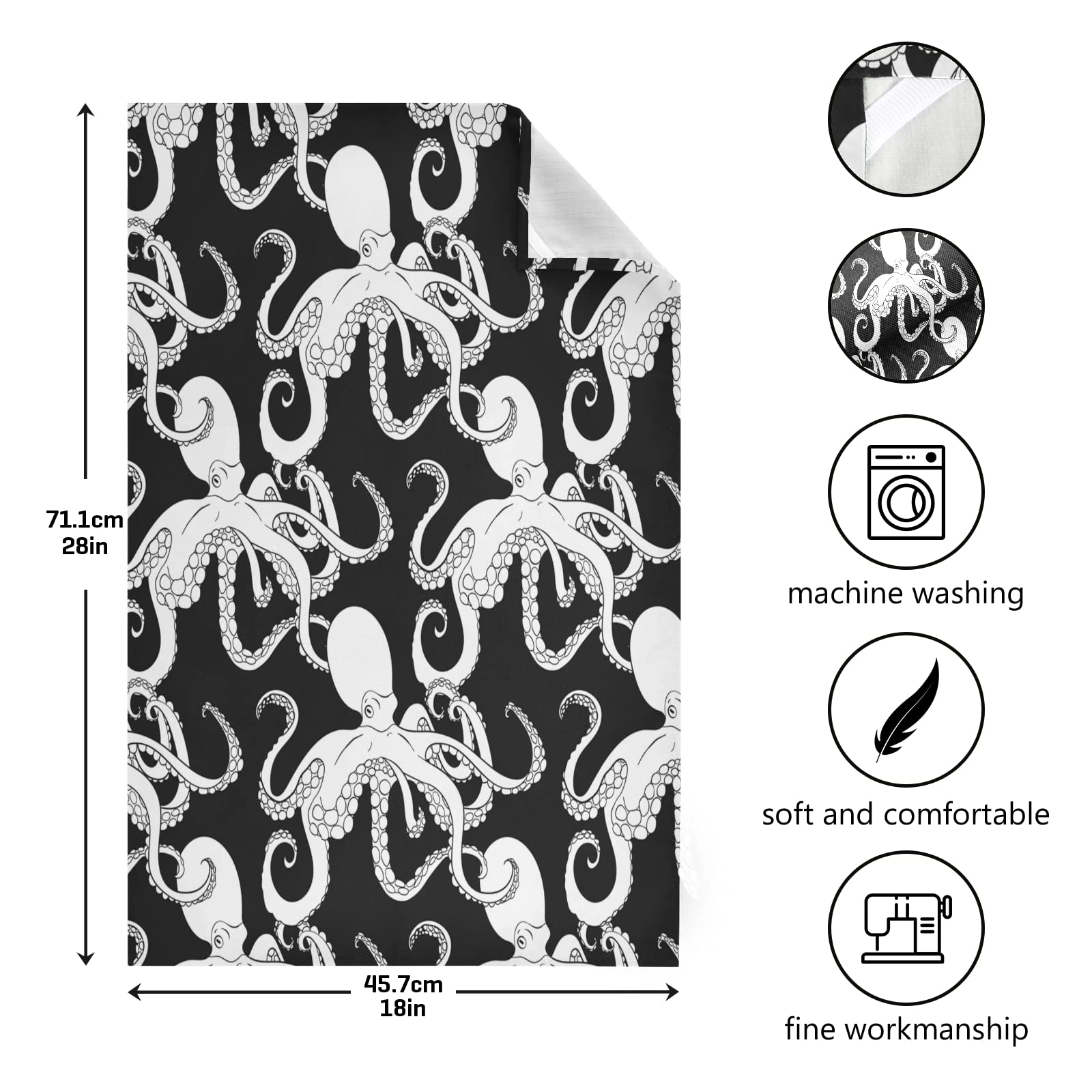 ALAZA Cartoon Octopus Kraken Black & White Kitchen Towels - Super Absorbent & Soft Dish Cloths (18x28 Inches, 1 Pack) - Perfect for Dishes, Bar Cleaning & Tea Time