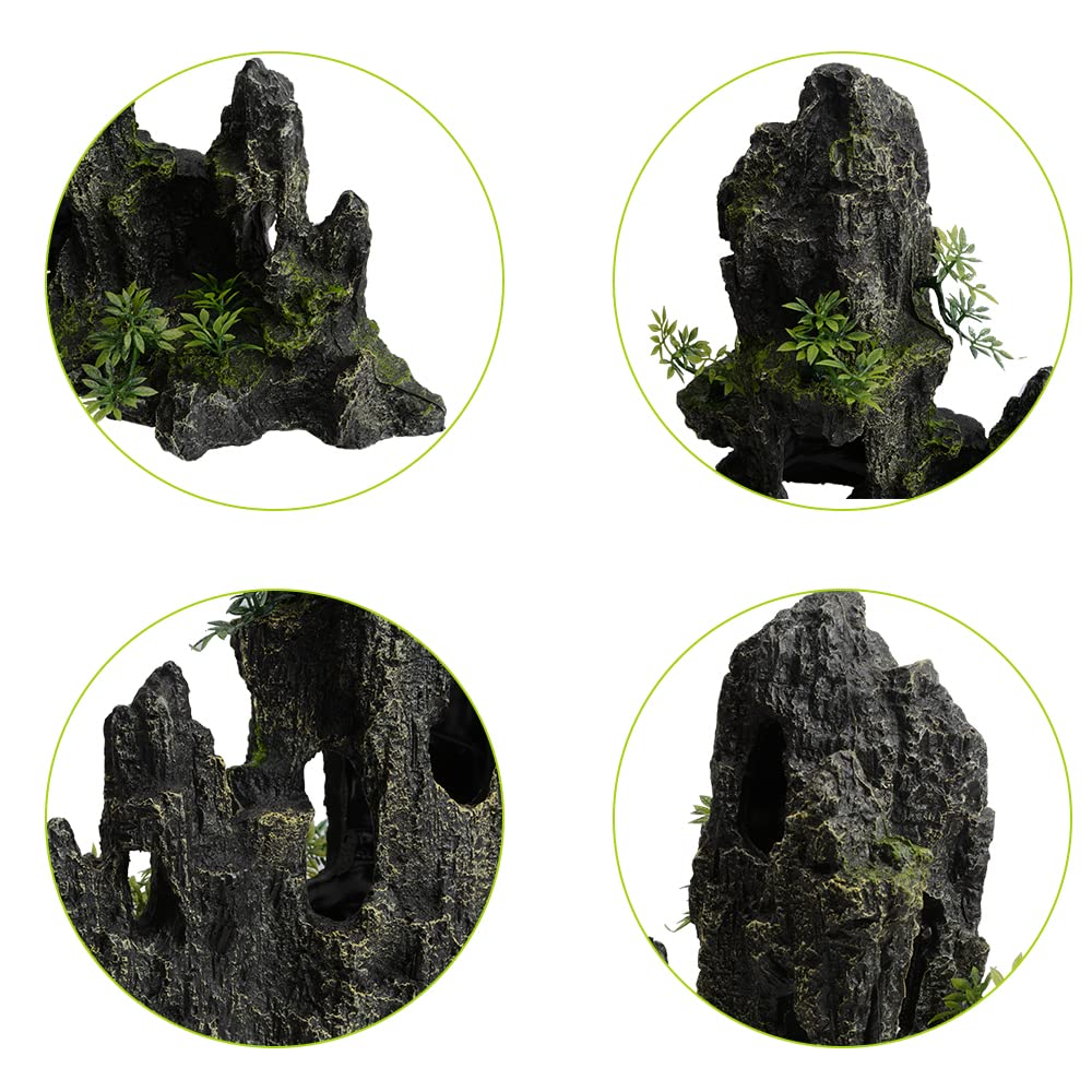 Large & Tall Aquarium Mountain View Stone Decor - 11 Inch Resin Rock Cave Ornament with Plants for Fish Tank Aquascaping | Perfect for Betta Fish, Goldfish & Tropical Aquariums