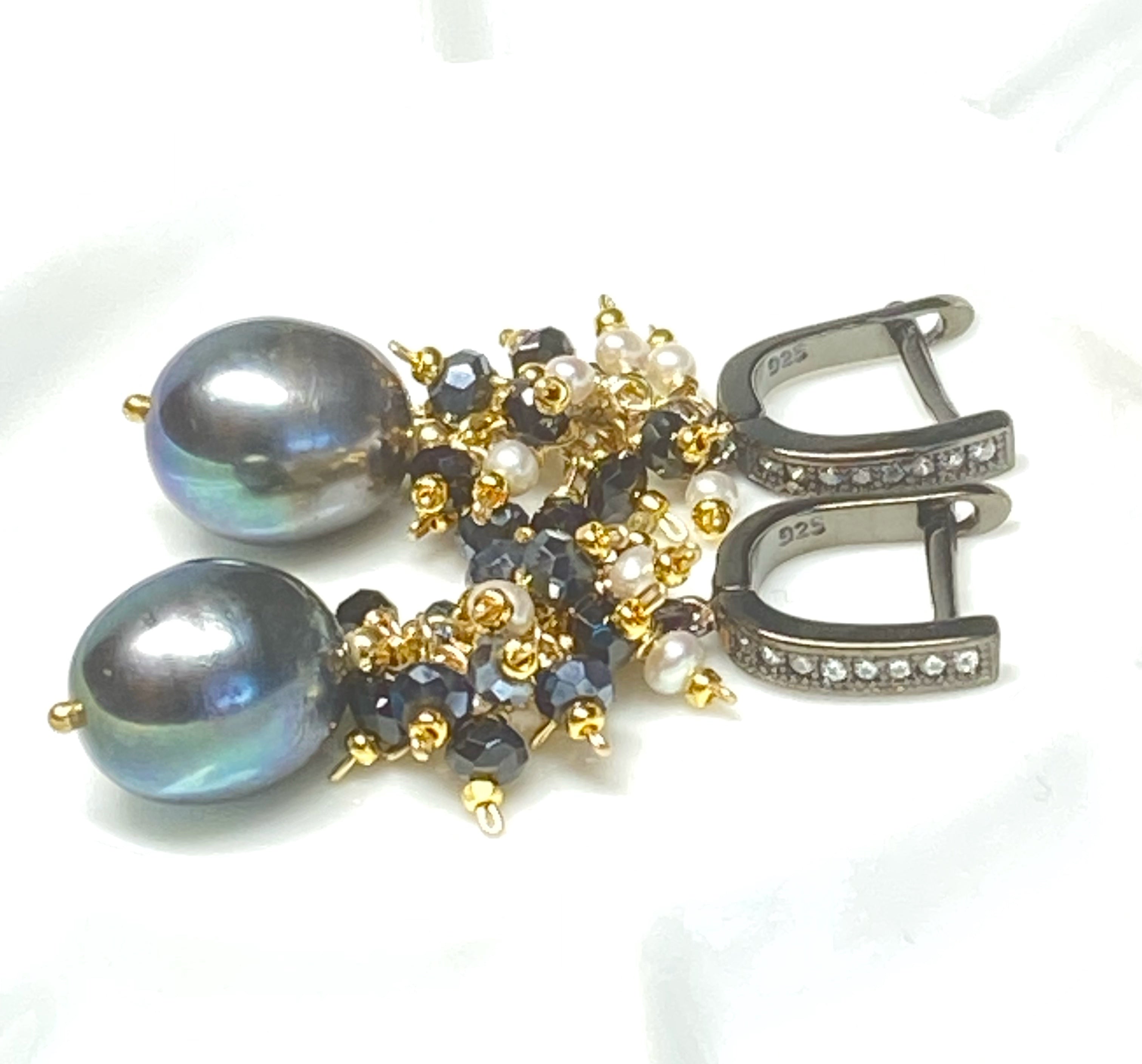 Elegant Black Pearl Earrings with White Pearl & Black Spinel Clusters - Lever Back Closure for Women | Perfect for Weddings, Parties & Evening Events