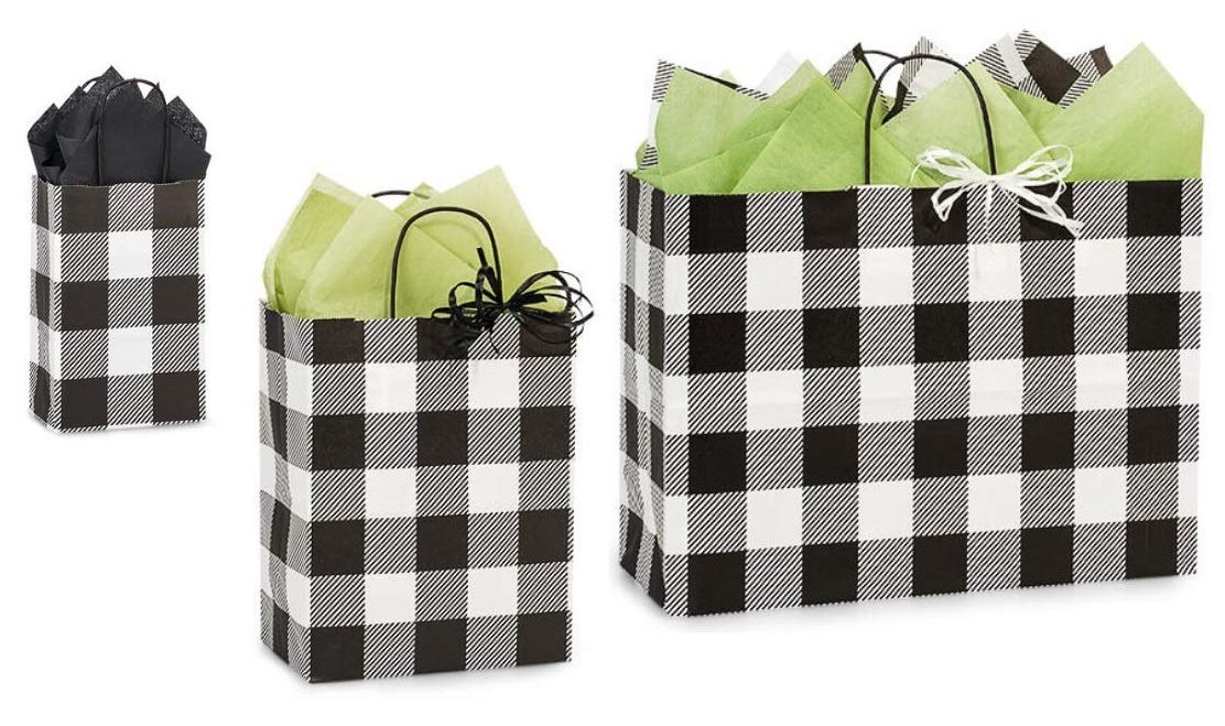 Buffalo Plaid Black and White Gift Bags with Handles - 75 Pack Assorted Sizes (Small, Medium, Large) - Christmas Holiday Party Favors, Birthday Presents, Wedding Favors & Retail Packaging