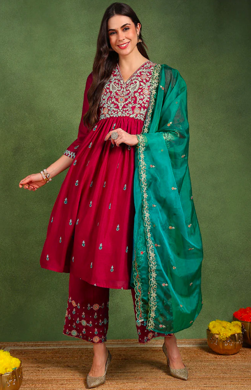 Elegant Red Silk Blend Flared Kurta Set for Women - Stylish Indian Ethnic Outfit for Festivals, Weddings & Parties
