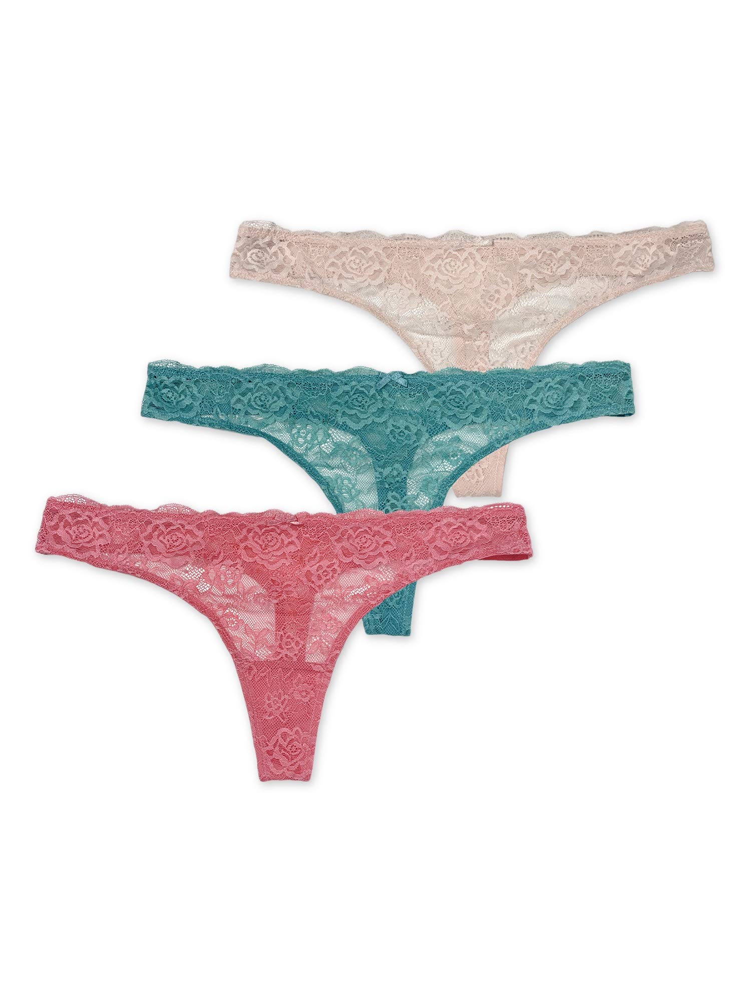 Treasures Intimates Women's 3-Pack Lace Scallop Trim Thong Panties - Soft Comfortable Underwear for Everyday Wear & Special Occasions