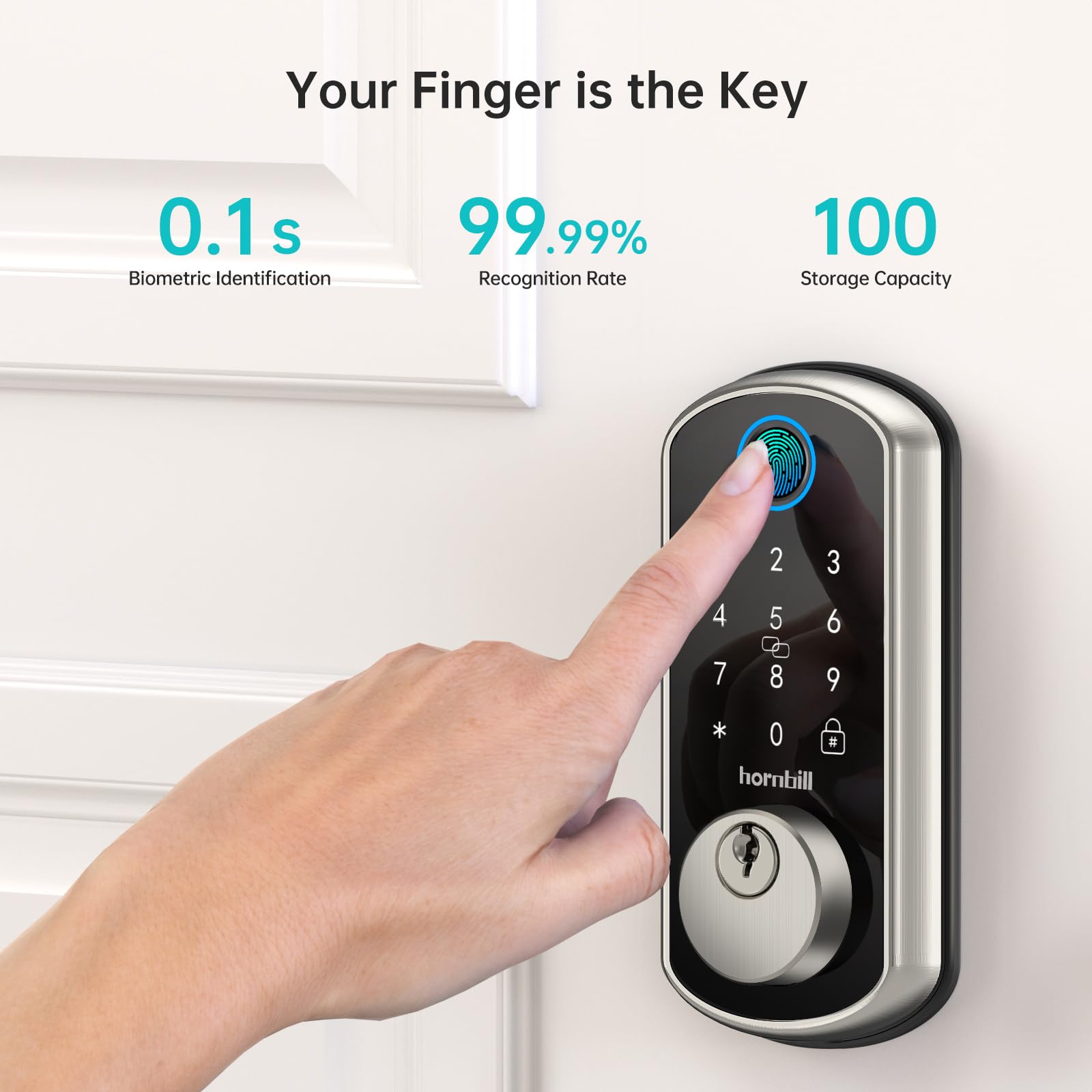 Smart WiFi Door Lock Set - Hornbill Silver Keyless Entry Fingerprint Deadbolt with Handle, 2 Knobs, Alexa & Bluetooth, Remote Code & Auto Lock - Ideal for Home, Hotel & Office Security (Easy Installation & Smart Access)